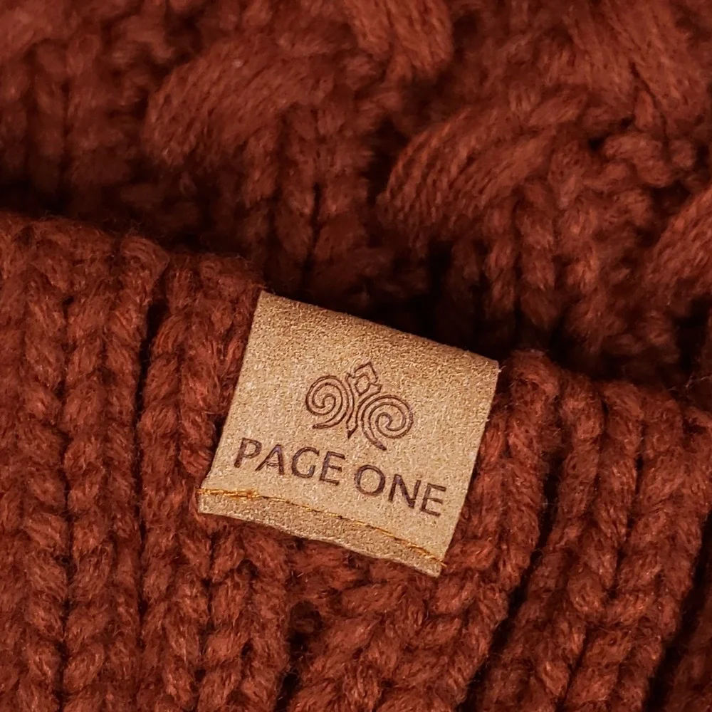 Page One Beanie Scarf Set OS Cable‎ Knit Rust Brown Winter Warm Fleece Lined